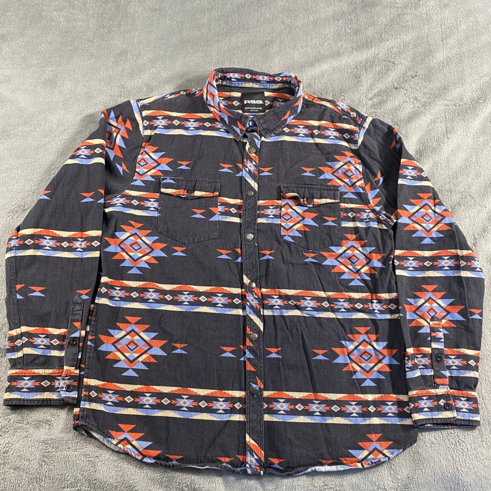 RSQ Flannel Shirt XXL Charcoal Orange Blue Aztec Southwestern Geometric Print